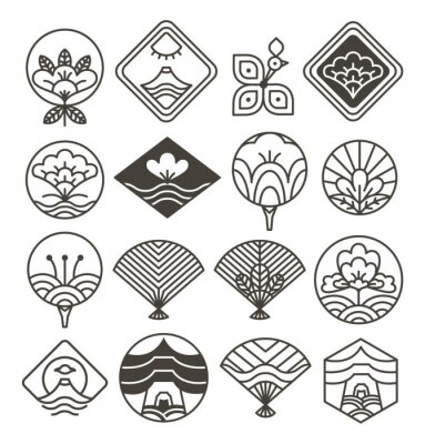 Sticker  Japanese Monochrome Icons Set with Ethnic Motifs