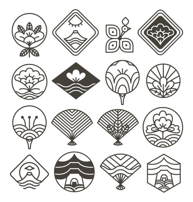 Sticker  Japanese Monochrome Icons Set with Ethnic Motifs