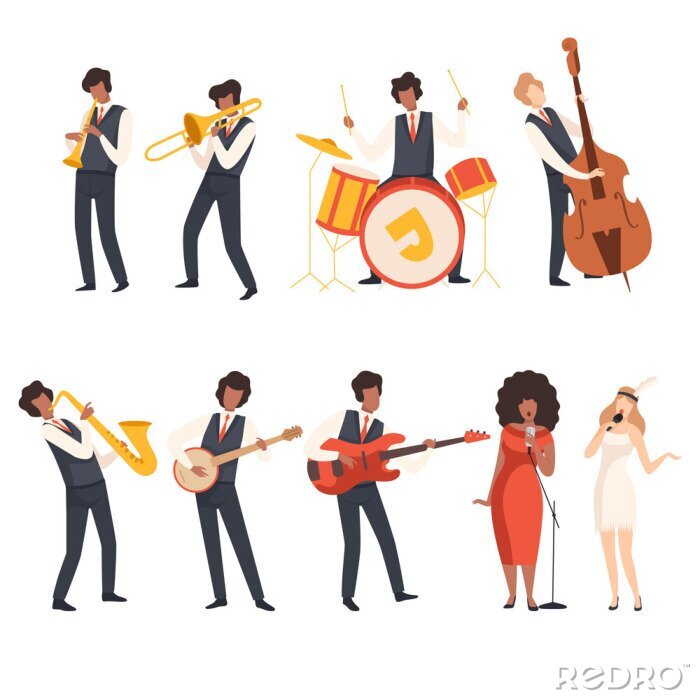 Sticker  Jazz Band Group, Musicians Singing and Playing Trumpet, Banjo, Saxophone, Trombone, Drums, Guitar, Double Bass, Vector Illustration