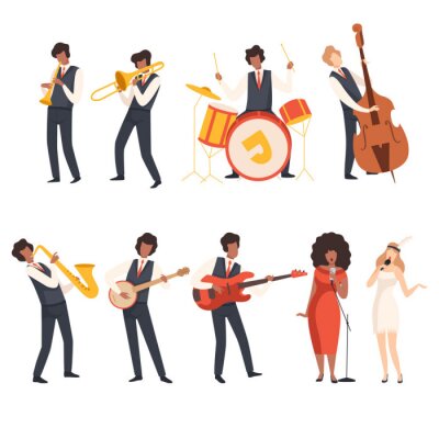 Sticker  Jazz Band Group, Musicians Singing and Playing Trumpet, Banjo, Saxophone, Trombone, Drums, Guitar, Double Bass, Vector Illustration