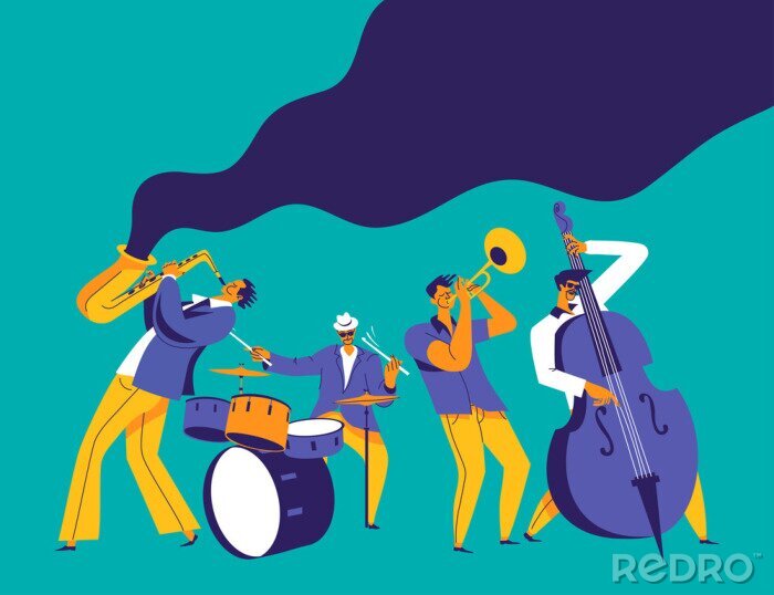 Sticker  Jazz quartet. Funky musicians with saxophone, trumpet, drums and bass. Modern flat colors illustration.