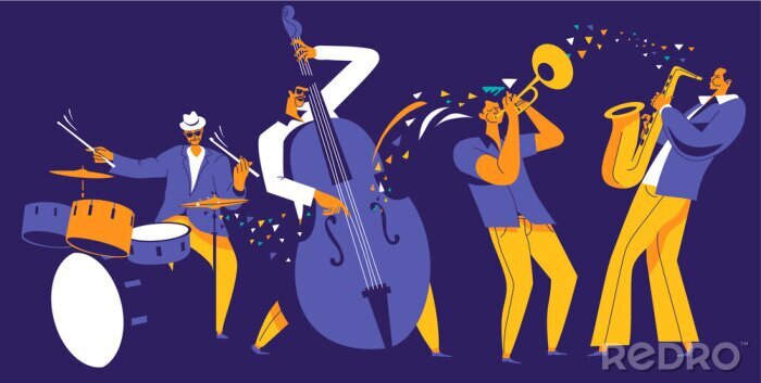 Sticker  Jazz quartet. Musicians with abstract music wave on dark blue background.