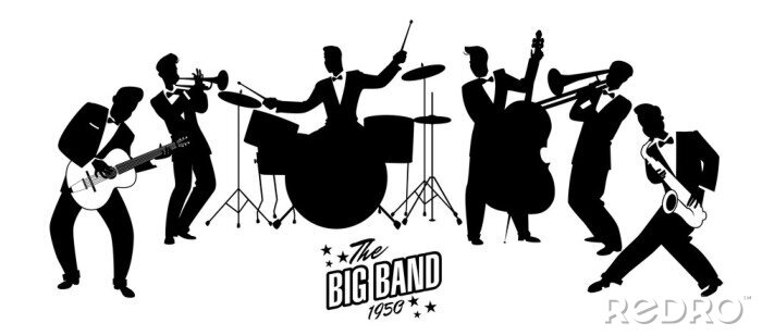 Sticker  Jazz Swing Orchestra. Silhouettes illustration vectorielle. Musiciens de style années 50 ou 60