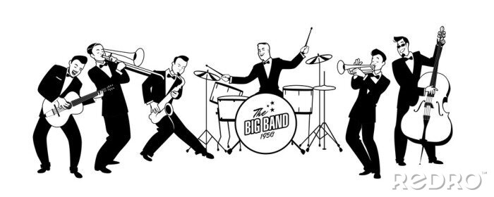 Sticker  Jazz Swing Orchestra. Style rétro. Cartoon illustration vectorielle. Musiciens de style années 50 ou 60