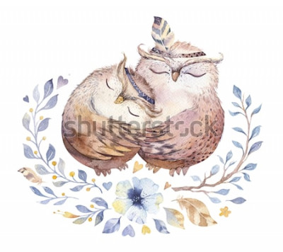 Sticker  Je t'aime. Belle illustration aquarelle avec des chouettes douces, des coeurs et des fleurs aux couleurs impressionnantes. Superbe carte romantique de la Saint-Valentin faite en technique d'aq