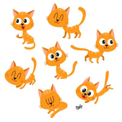 Sticker  Jeu de caractère mignon et drôle chat rouge montrant différentes émotions, jouer, dormir, assis, debout, illustration vectorielle de bande dessinée isolé sur fond blanc. Caractère de chat rouge mignon