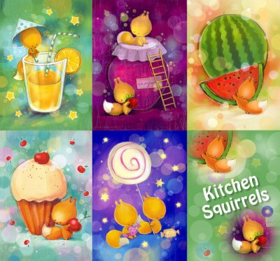 Sticker  Jeu de cartes avec de petits écureuils dans la cuisine.