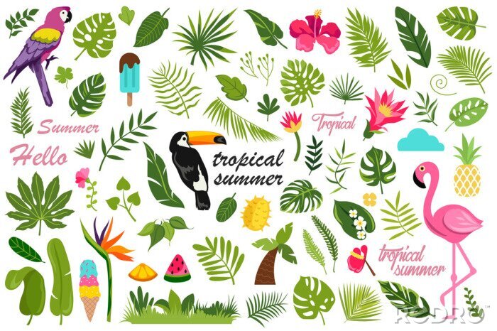 Sticker  jeu de dessin animé des éléments de décor plat de l'été. design tropical. illustration vectorielle