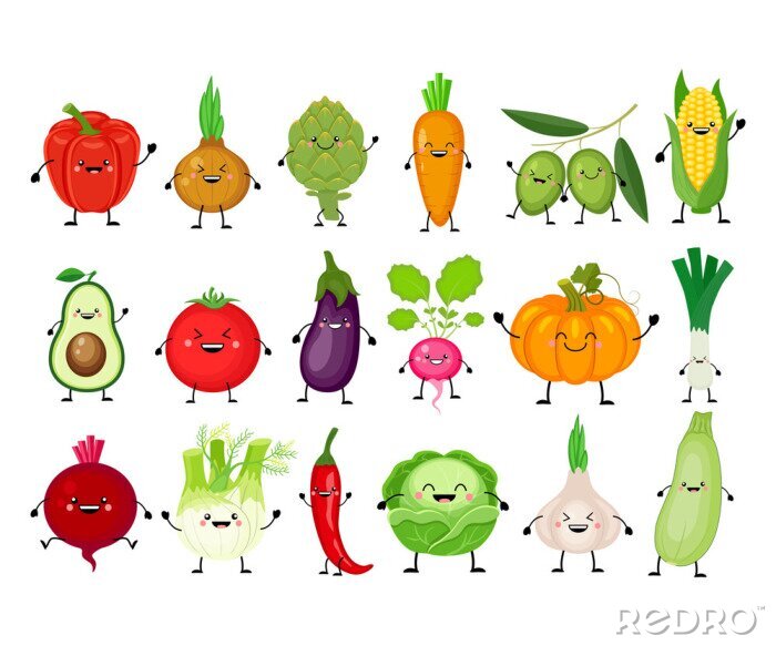 Sticker  Jeu de dessin animé drôle de différents légumes. Légumes Kawaii. S