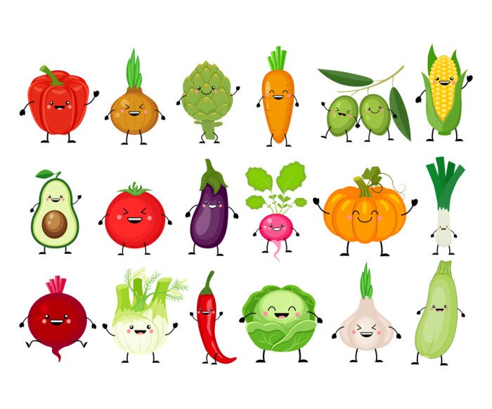 Sticker  Jeu de dessin animé drôle de différents légumes. Légumes Kawaii. S