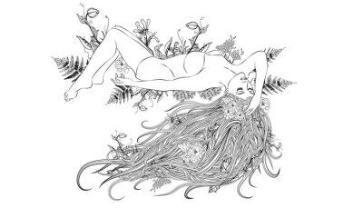 Sticker  Jeune femme aux cheveux longs et une couronne florale avec des feuilles de coeur