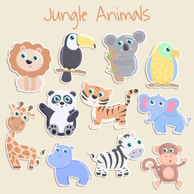 Sticker  Joli autocollant d'animaux de la jungle. Design plat