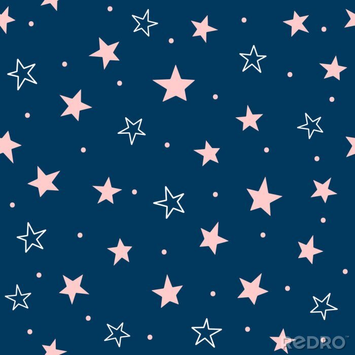 Sticker  Joli modèle sans couture avec étoiles éparses et des points ronds. Imprimé girly répété. Couleurs bleus, roses et blancs.