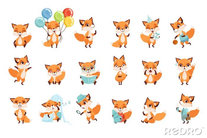 Sticker  Jolis petits renards montrant diverses émotions et actions. Personnages de dessins animés d'animaux de la forêt. Conception de vecteur plat pour application mobile, autocollant, impression d'enfants, 
