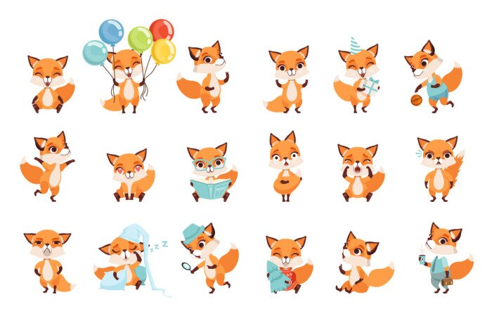 Sticker  Jolis petits renards montrant diverses émotions et actions. Personnages de dessins animés d'animaux de la forêt. Conception de vecteur plat pour application mobile, autocollant, impression d'enfants, 