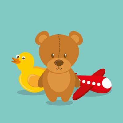 Sticker  jouets pour les enfants nounours en caoutchouc canard et avion rétro vector illustration