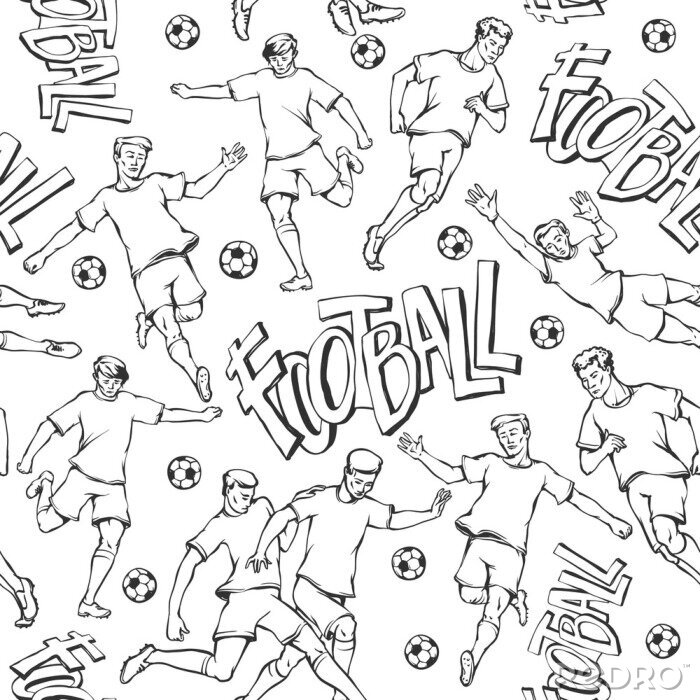 Sticker  Joueur de football de vecteur avec motif sans soudure de croquis de balle. Le mouvement de soccers et le gardien de but portent des poses et une course différentes. Illustration de contour noir et bla