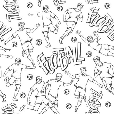 Sticker  Joueur de football de vecteur avec motif sans soudure de croquis de balle. Le mouvement de soccers et le gardien de but portent des poses et une course différentes. Illustration de contour noir et bla