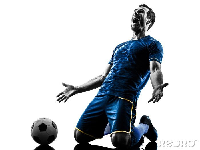 Sticker  Joueur de football riant agenouillé photo bleu-gris