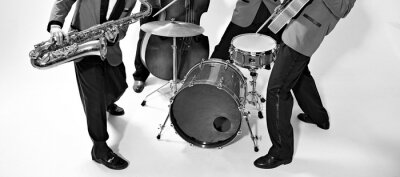 Sticker  Joueurs de groupe de jazz sur blanc. Fond de musique vintage