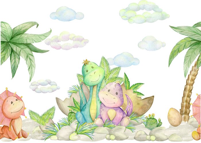 Sticker  Joyeux dinosaures et palmiers exotiques