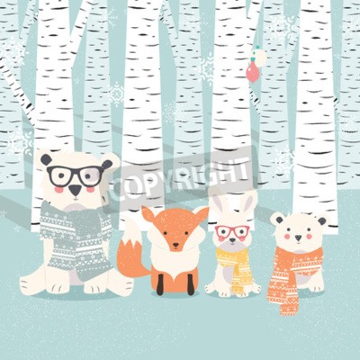 Sticker  Joyeux Noël carte postale avec ours, renard et lapin en illustration de la forêt