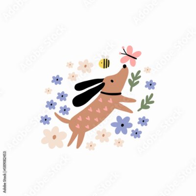 Sticker  Joyeux petit chien et papillons