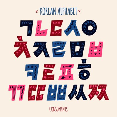 Sticker  Korean vector alphabet set. Hangul consonants in a hand drawn style. Bold letters with ethnic decorative ornament. Isolated symbols.