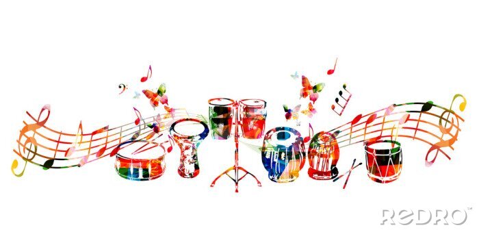 Sticker  L'arrière-plan des instruments de musique. Tambour coloré, darbuka, batterie bongo, tabla indien et tambour turc traditionnel avec des notes de musique illustration vectorielle isolée