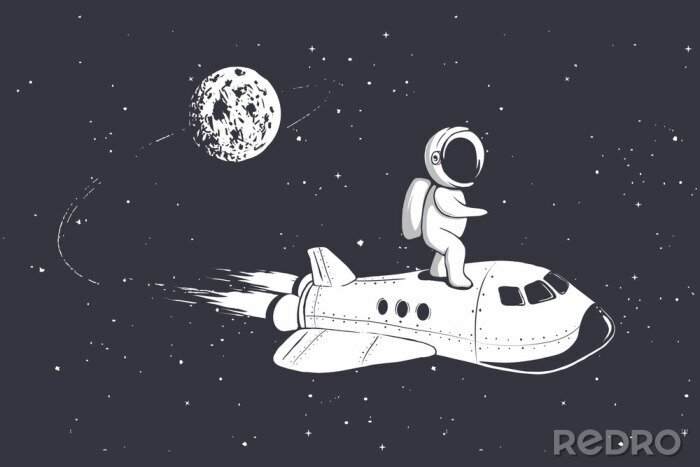 Sticker  L'astronaute voler sur la navette spatiale de la lune. Illustration vectorielle