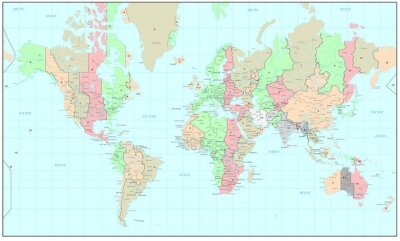 La carte politique du monde avec les fuseaux horaires