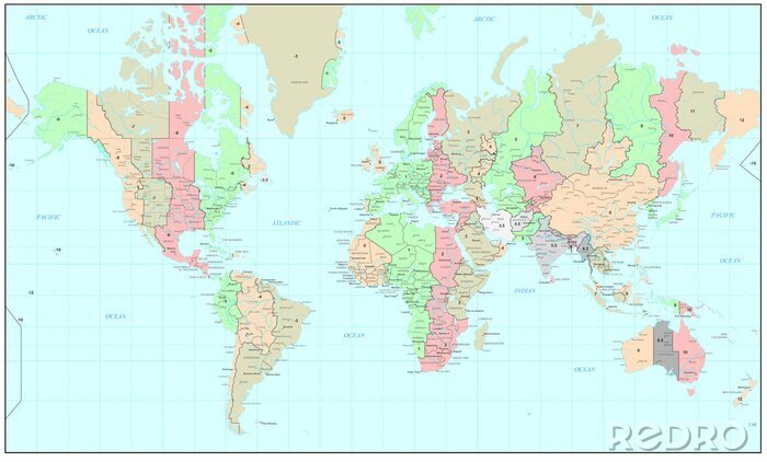 Sticker  La carte politique du monde avec les fuseaux horaires