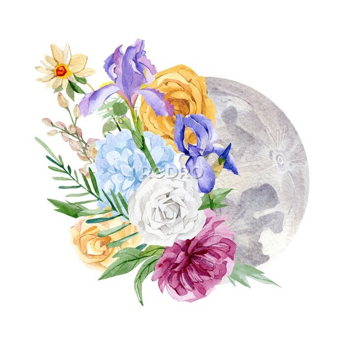 Sticker  La lune et un bouquet de fleurs