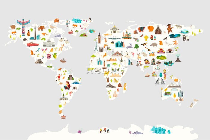 Sticker  Landmarks world map vector cartoon illustration. Cartoon globe vector illustration. Oceans and continent: South America, Eurasia, North America, Africa, Australia