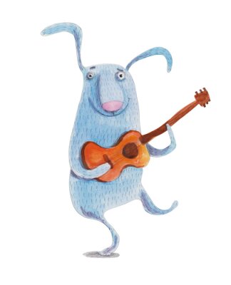 Sticker  Lapin à la guitare. Illustration d'aquarelle. Dessin à main levée