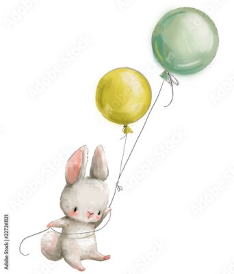 Poster  Lapin avec deux ballons