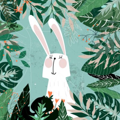 Sticker  Lapin blanc au milieu de feuilles tropicales