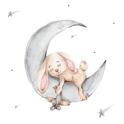 Sticker  Lapin dormant sur une lune grise