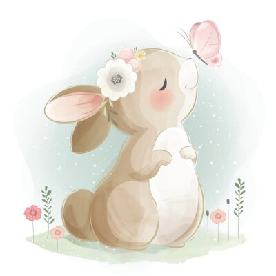 Sticker  Lapin et papillon version aquarelle
