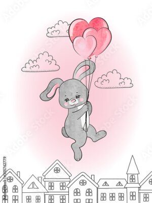 Sticker  Lapin gris avec des ballons