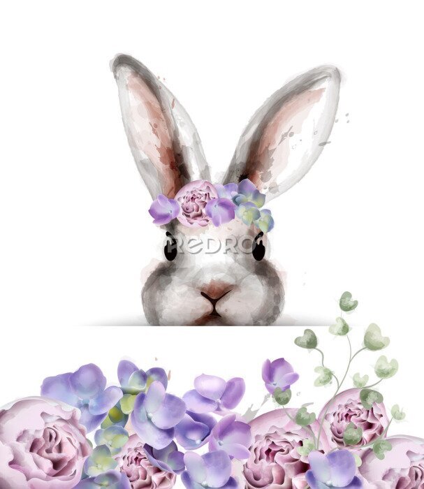 Sticker  Lapin gris avec des fleurs aquarellées violettes