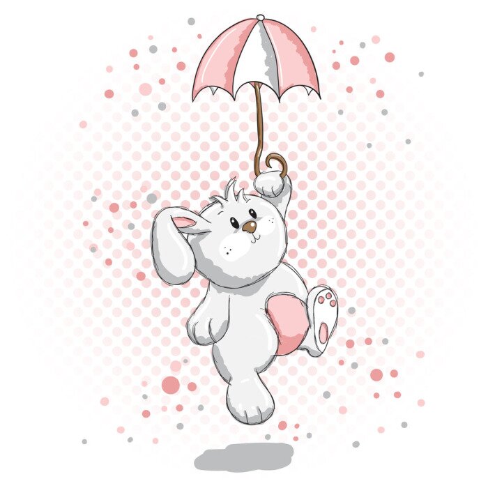 Sticker  Lapin pelucheux blanc tenant un parapluie bicolore