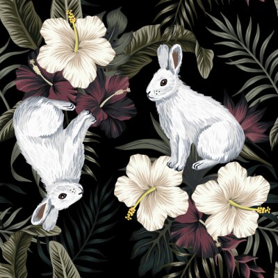 Sticker  Lapins blancs sur un fond floral tropical