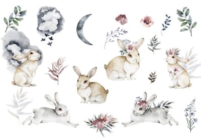 Sticker  Lapins et plantes aquarellés sur un fond blanc