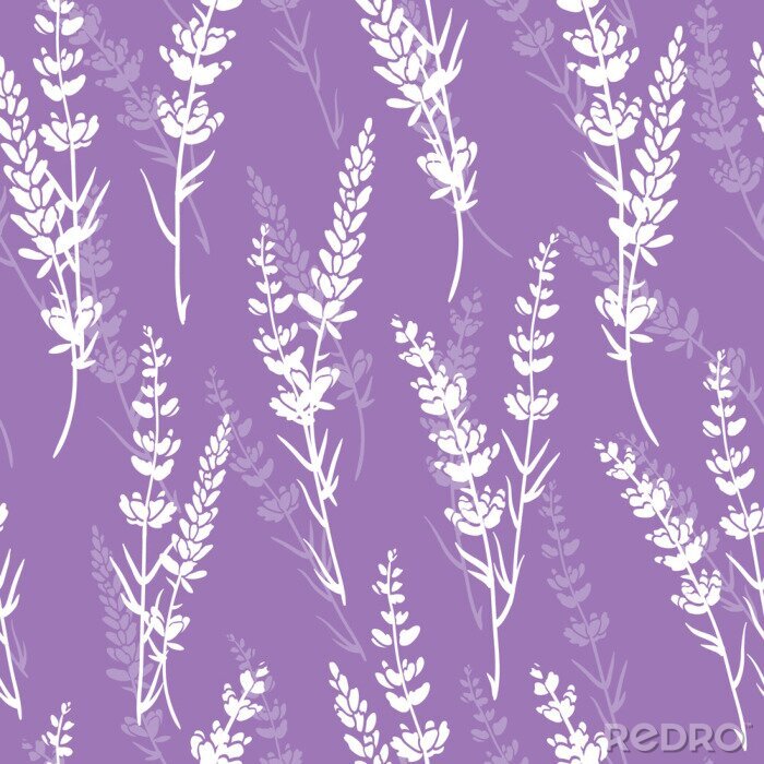 Sticker  Lavender flowers purple vector seamless pattern. Beautiful violet lavender retro background. Elegant fabric on light background Surface pattern design.