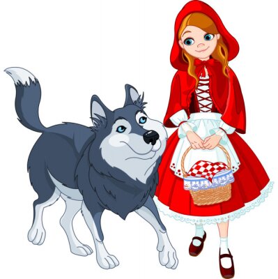Sticker  Le petit chaperon rouge avec un panier et un loup
