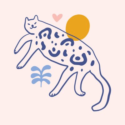 Sticker  Leopard cat groovy cute comic character boho doodle modern art print funny handdrawn childish cartoon funky trendy style vector illustration clipart