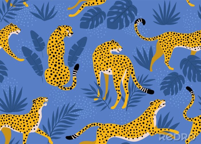 Sticker  Leopard pattern with tropical leaves. Vector seamless texture.