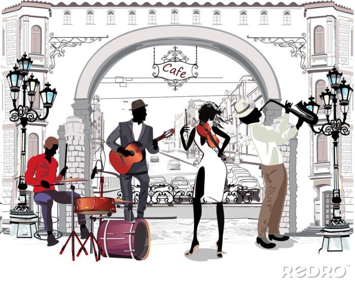Sticker  Les musiciens de la rue dans la ville. Groupe de jazz. Illustration dessinée à la main avec des bâtiments rétro.