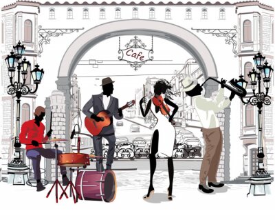 Sticker  Les musiciens de la rue dans la ville. Groupe de jazz. Illustration dessinée à la main avec des bâtiments rétro.